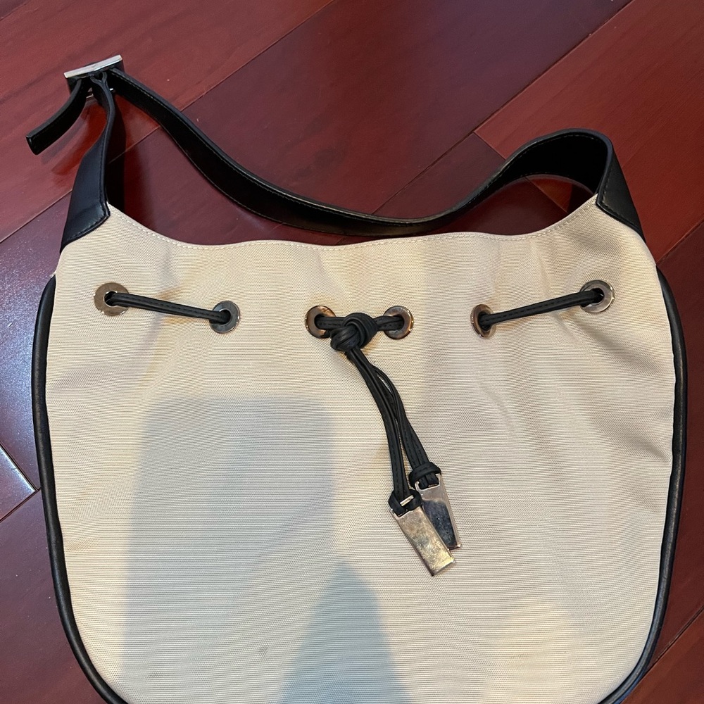 Gucci, light grey canvas, black leather handle hobo bag